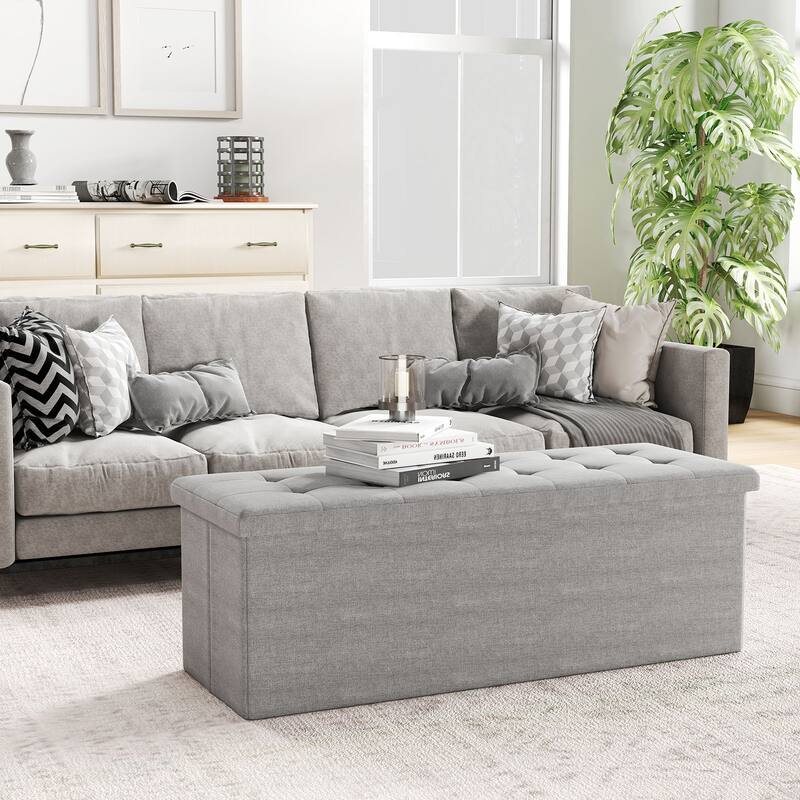 Large 38 Gallon Linen Fabric Storage Ottoman Bench Folding Multipurpose Footrest and Seat with Foam Cushion - 43" × 15" × 15"