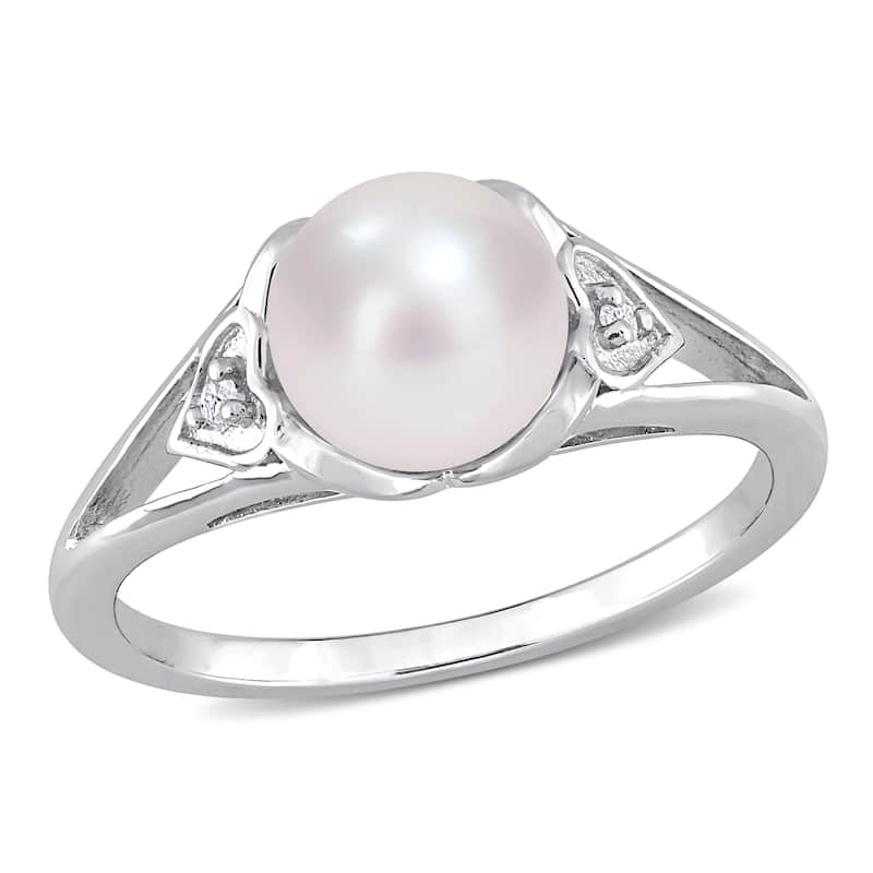 Miadora Sterling Silver Cultured FW Pearl & Diamond Accent Solitaire Split Shank Ring (7-7.5mm)