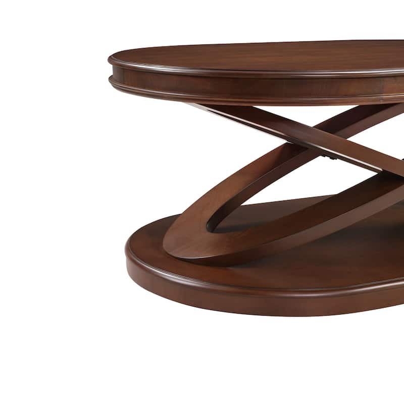 Wood Oval Coffee Table with X-Shaped Base, Cocktail Table with Open Storage, Sofa Center Table with Rounded Corners
