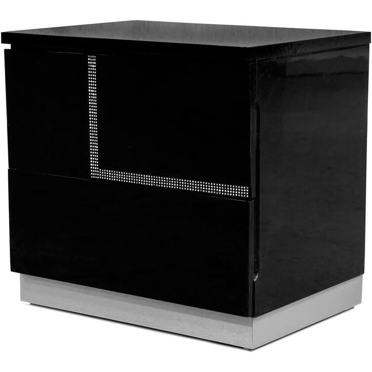 Modern Lacquer Wood Nightstand with Rhinestones, Gloss Finish, Black