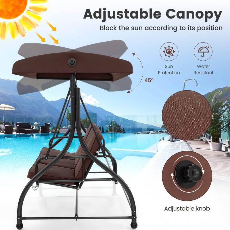 3 Seat Outdoor Porch Swing with Adjustable Canopy - 71" x 47" x 70"