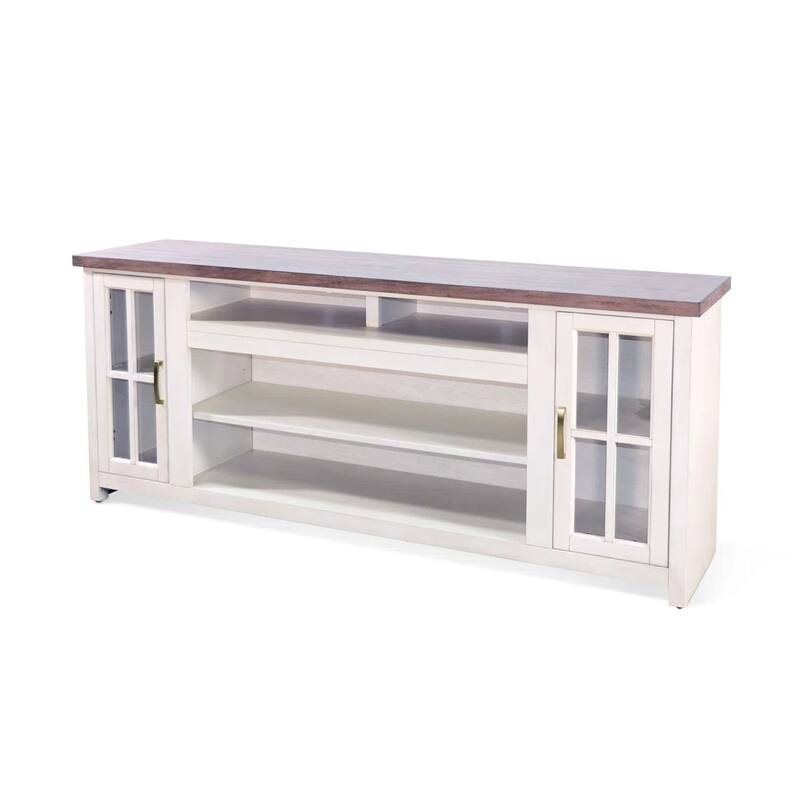 Leyla TV Stand Media Cabinet, 2 Doors and Shelves, White Wood 76 Inch