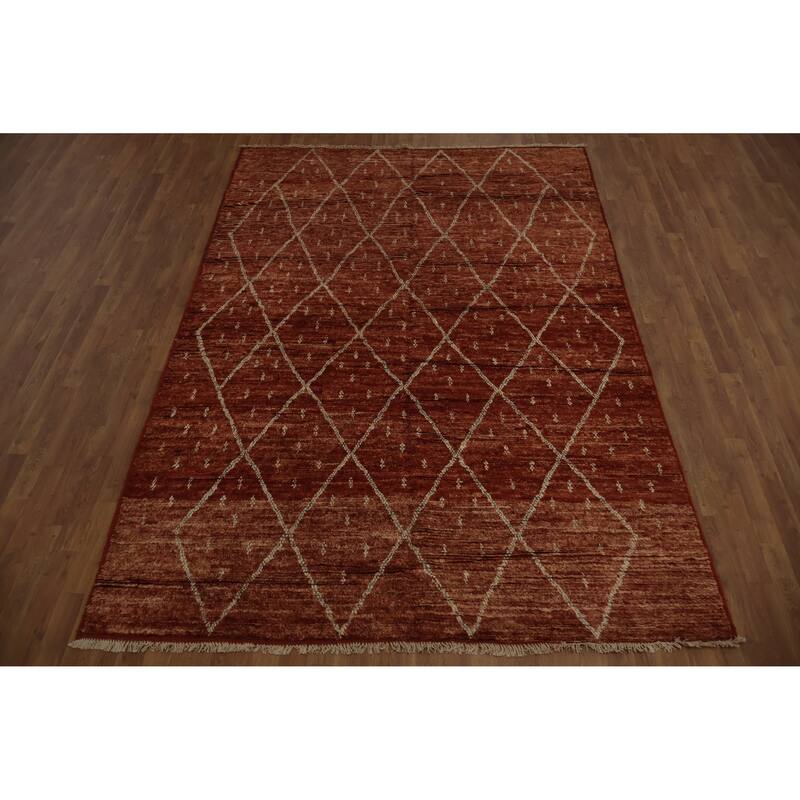 Hand Knotted Oriental 100% Wool Carpet Modern Geometric Oranges & Rust Moroccan Area Rug - 9' 10'' X 6' 8''