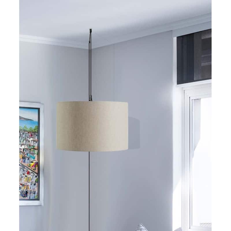 1 Light Swag Plug-In Pendant 16"w Light Oatmeal Linen Drum Shade, 17' Black Cord