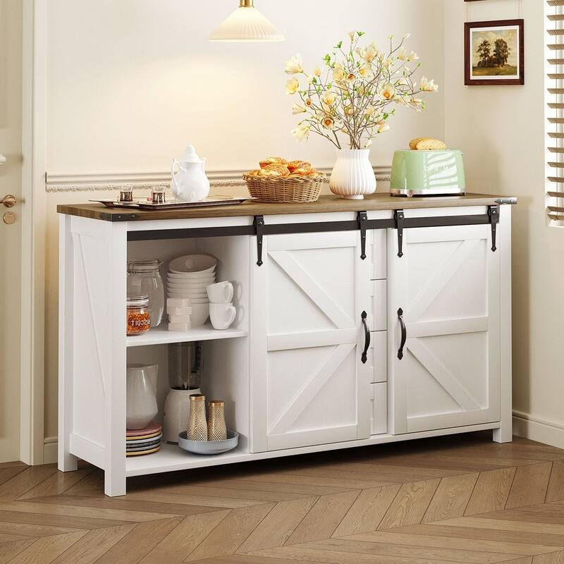 Farmhouse 55.1" Sideboard with Sliding Barn Doors and Storage Drawers, Wood Buffet Table with Power Outlet