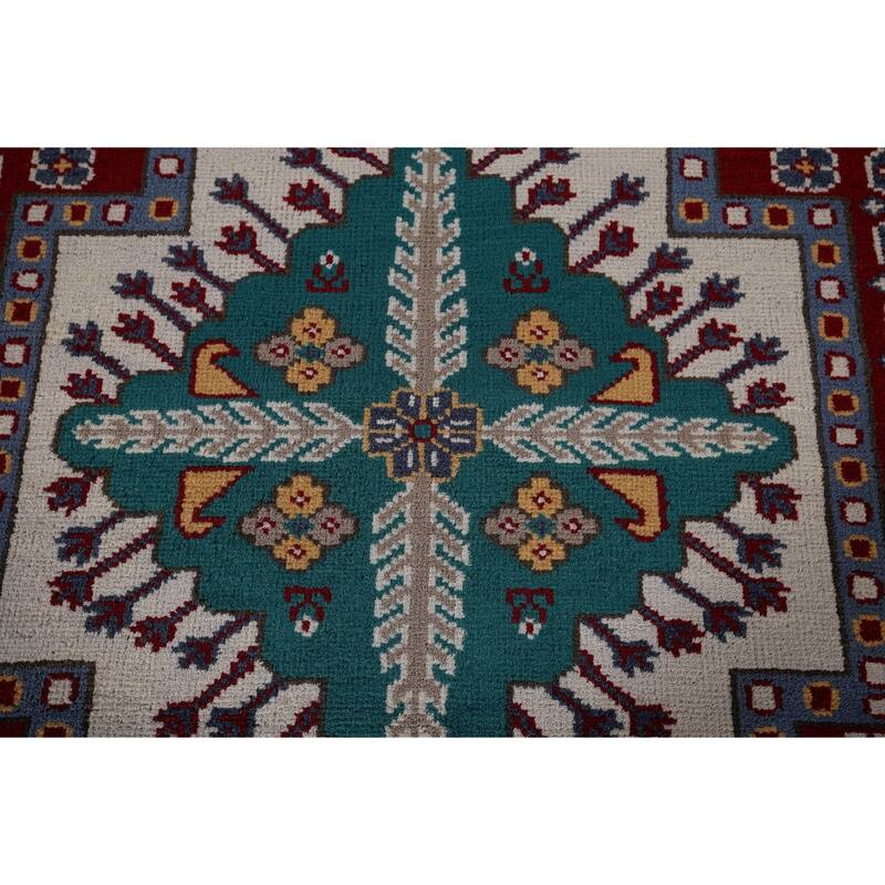 Geometric Kazak Area Rug Hand-Knotted Blue Oriental Wool Carpet - 8'10" x 11'8"