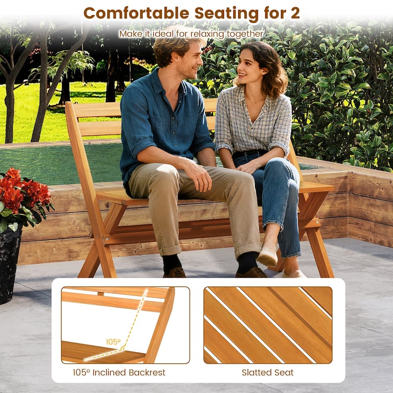 Gymax Foldable Outdoor Bench 2-Person Acacia Wood Patio Garden Bench