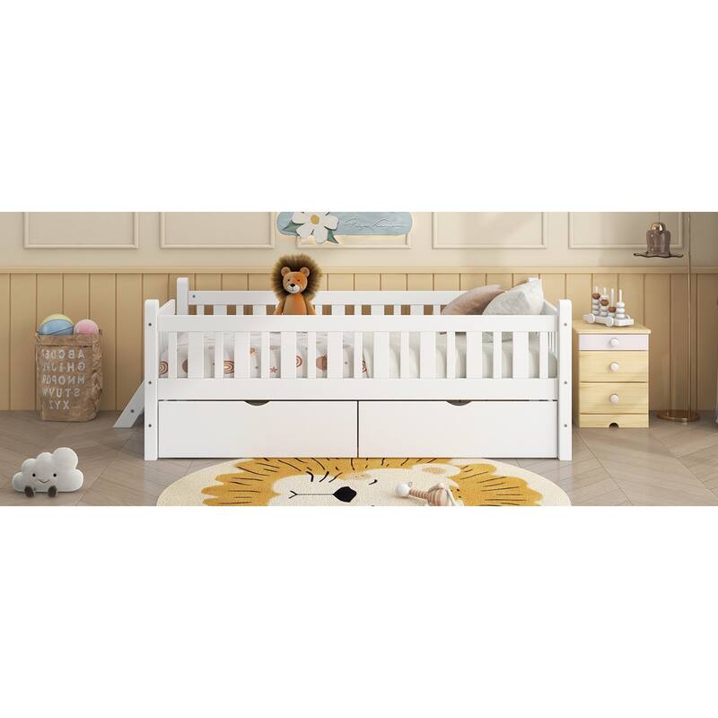 Roomfitters Twin Wood Platform Bed with Guardrail and 2 Storage Drawers