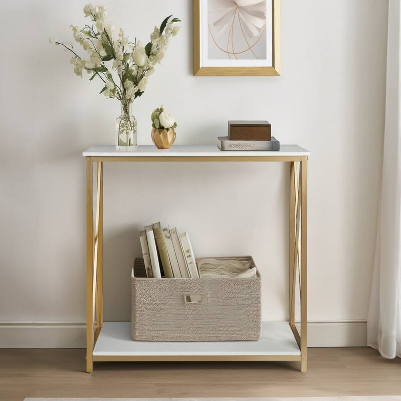 2-Tier Console Entry Table with Faux Marble Top and Gold Metal Frame