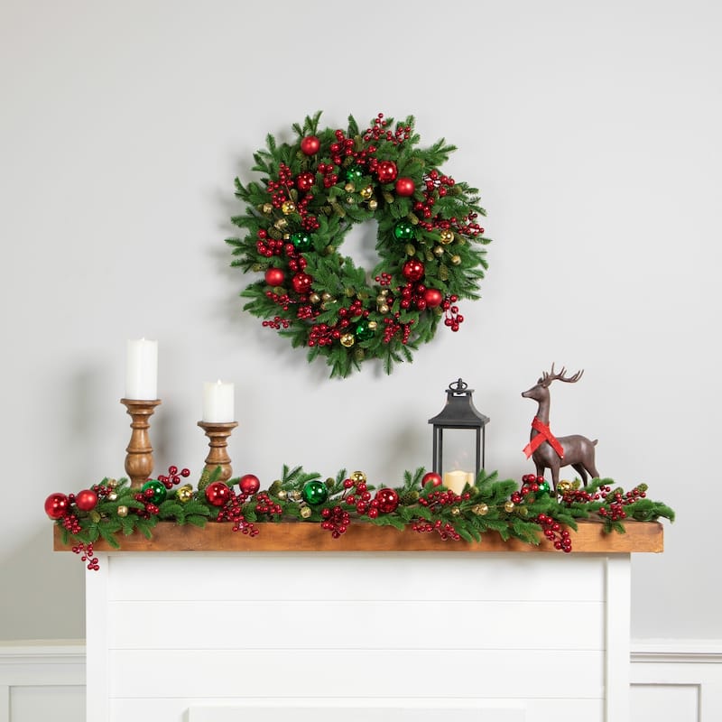 Pine with Ornaments and Berries Artificial Christmas Wreath - 24" - Unlit