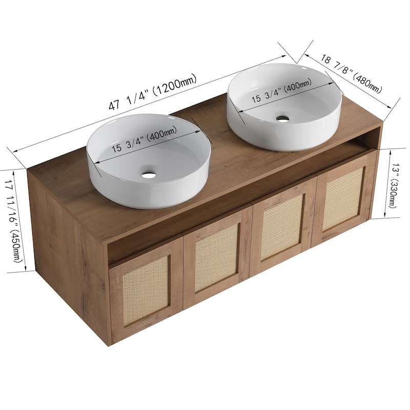 48" Bathroom Vanity with 2 Vessel Ceramic Sink Float Mounting Bathroom Storage Cabinet with 4-Soft Close Door