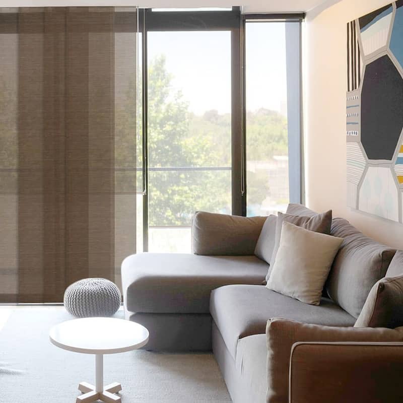 GoDear Design Natural Woven Adjustable Sliding Panel Track Blinds, Vertical Blinds, Earth Tone Color, 45.8"- 86" W x 96" L