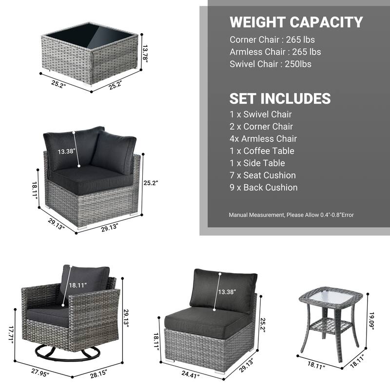 HOOOWOOO 9-piece Grey Wicker Patio Outdoor Sectional Set with Swivel Rocking Chair