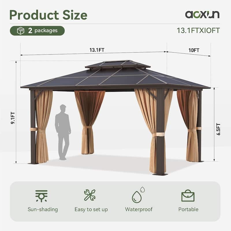 Hardtop Gazebo, Aluminum Frame Permanent Pavilion with Curtains and Netting