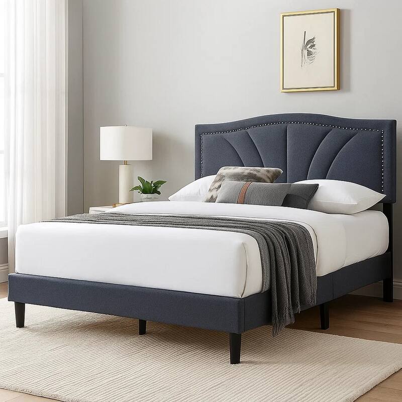 Carie Full Bed, Charcoal Gray Burlap Upholstery, Padded Headboard