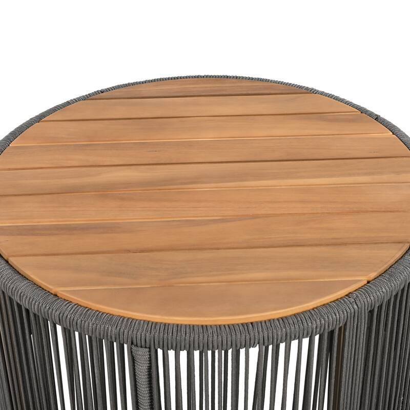 Roomfitters 31.5" Round Outdoor Coffee Table, Acacia Wood and Rattan Rope Accent Table for Patio and Balcony