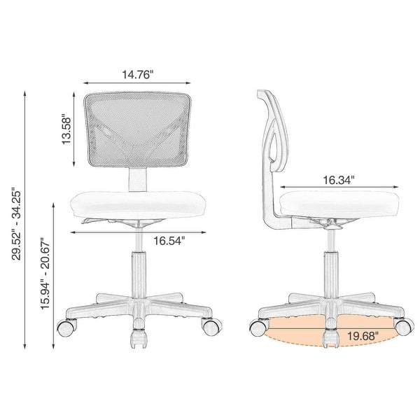 dimension image slide 4 of 6, Office Computer Desk Chair with Wheels, Ergonomic Low-Back Mesh Rolling Work Swivel Chairs, Armless Comfortable Lumbar Support