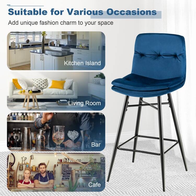 2 Pieces 29 Inch Velvet Bar Stools Set with Tufted Back and Footrests - 17.5" x 20" x 41"