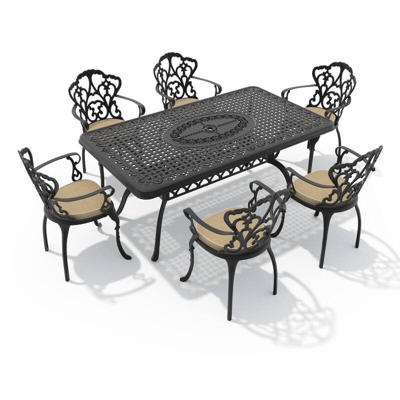 7-Piece Cast Aluminum Outdoor Dining Set with 66.93'' L X 37.40'' W Rectangular Table and Seat Cushions