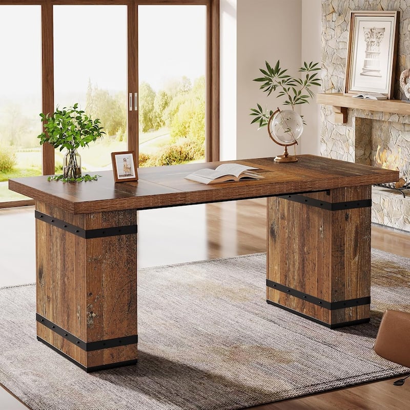 63 Inches Brown Engineered Wood Executive Desk, Mid-Century Modern Home Office Desk with Sturdy Pedestal - Brown