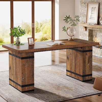 63 Inches Brown Engineered Wood Executive Desk, Mid-Century Modern Home Office Desk with Sturdy Pedestal