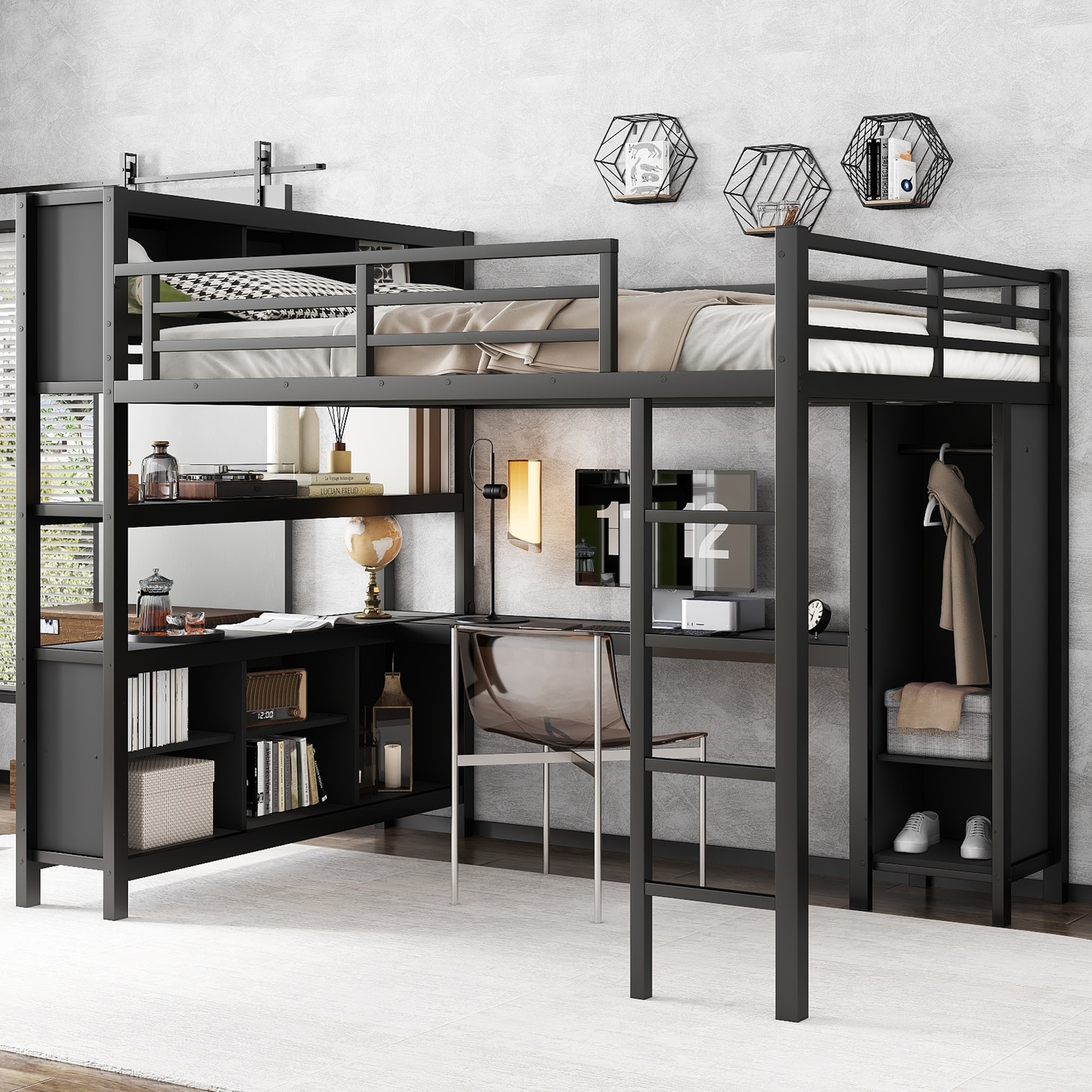 Metal Loft Bed with Wardrobe And L-shaped Desk, Queen Size Loft Bed with Storage Cubes and Shelves