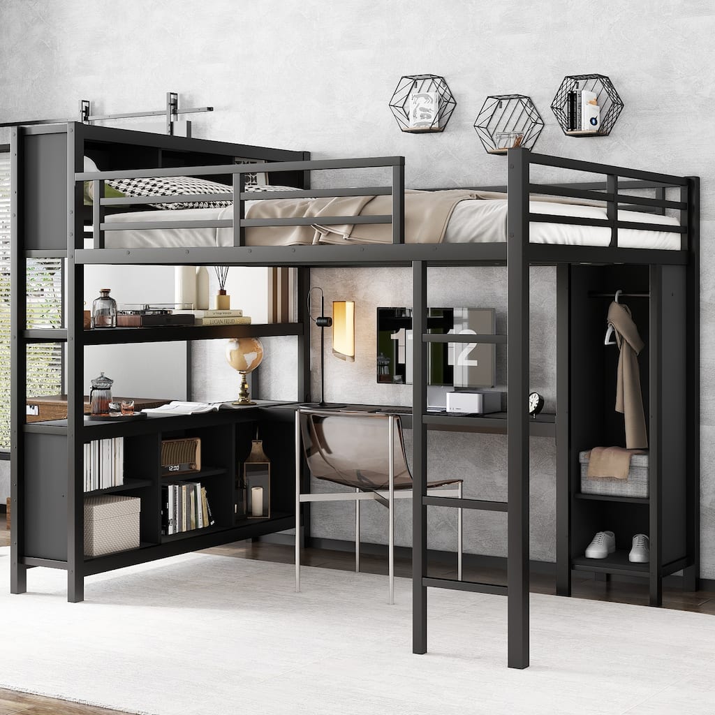 Metal Loft Bed with Wardrobe And L-shaped Desk, Queen Size Loft Bed with Storage Cubes and Shelves