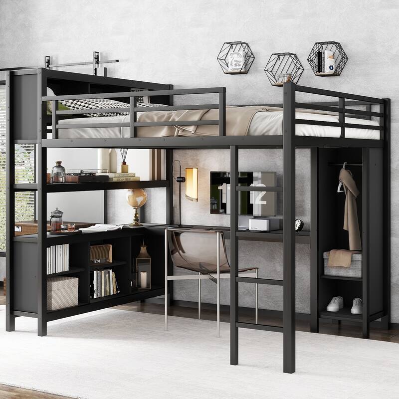 Queen Size Metal Loft Bed with L-Shaped Desk & Wardrobe - 350LB Capacity - Black