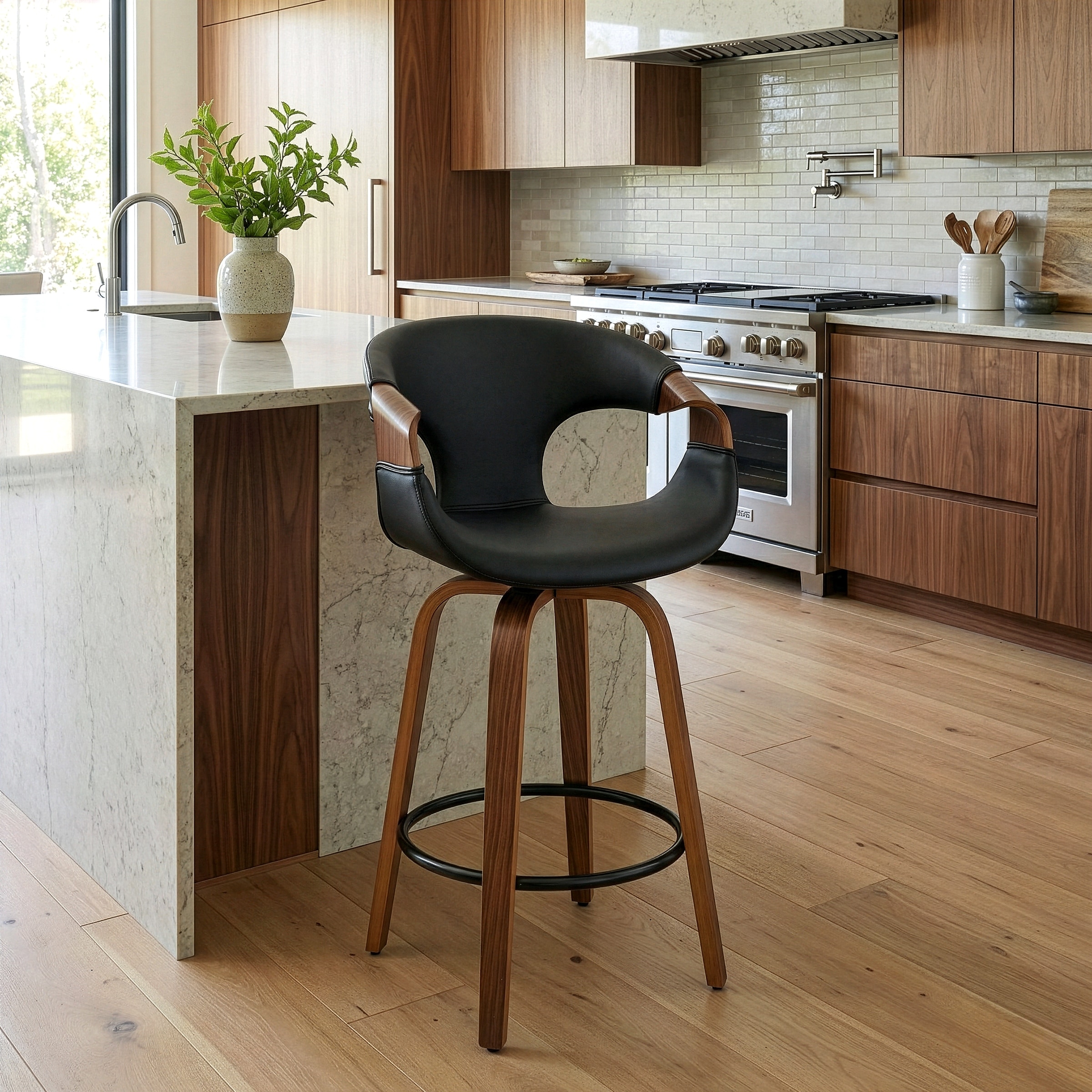 Baylor Black Faux Leather Counter Stool with Walnut Wooden Legs