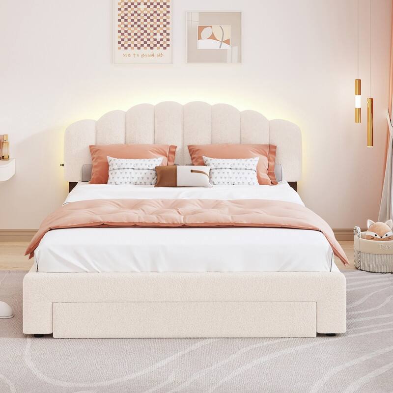 Teddy Fleece Queen Size Upholstered Platform Bed with 1 Drawer