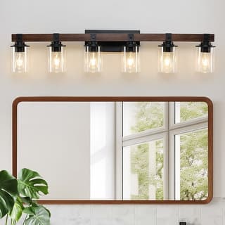 Vanity Light, Industrial Bathroom Wall Sconce with Glass Shades and Wood Accent, Modern Farmhouse Lighting Fixture (No Bulbs)