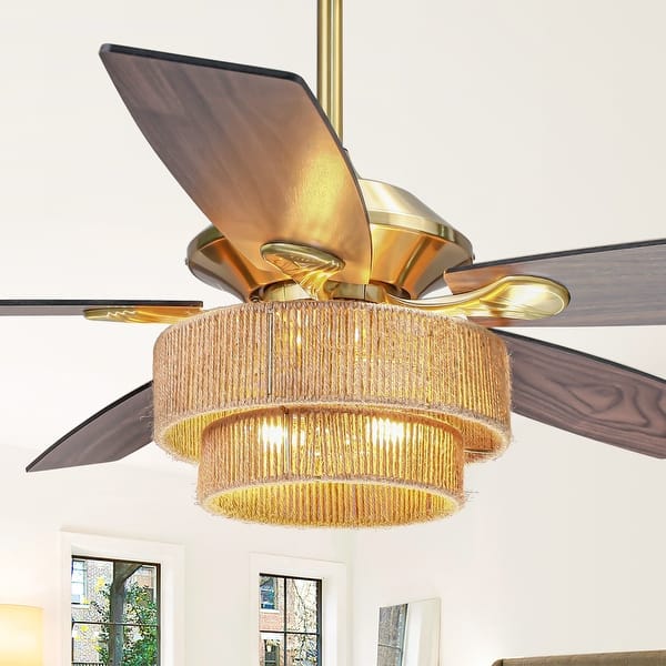 slide 2 of 20, 52" Farmhouse Natural Rope Reversible 5-Blade Gold Ceiling Fan with Remote