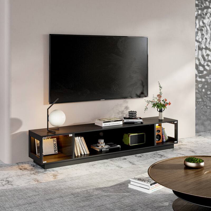 Modern Black Fireplace TV Stand Combo,Remote Fireplace Heater,2 Drawers,Light Strip & USB