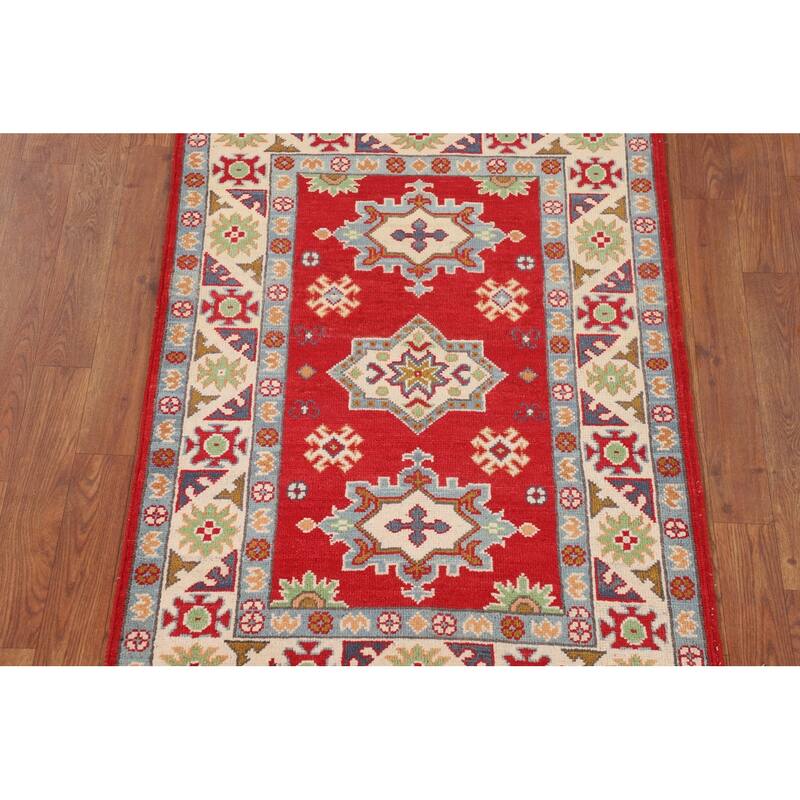 Red Kazak Accent Rug Hand-Knotted Geometric Wool Carpet - 2'8" x 3'10"