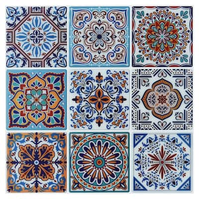Art3d 11.8''X11.8'' Peel and Stick Backsplash Tile Stickers, Colorful Talavera Mexican Tile,(10 Sheets)