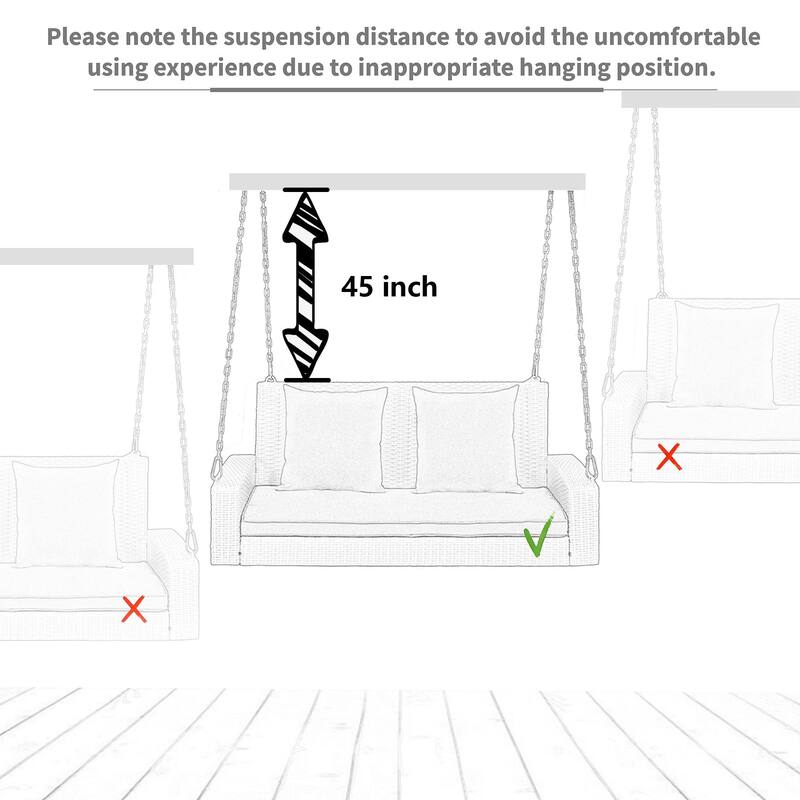 2-Person Wicker Hanging Porch Swing with Chains, Cushion & Pillow