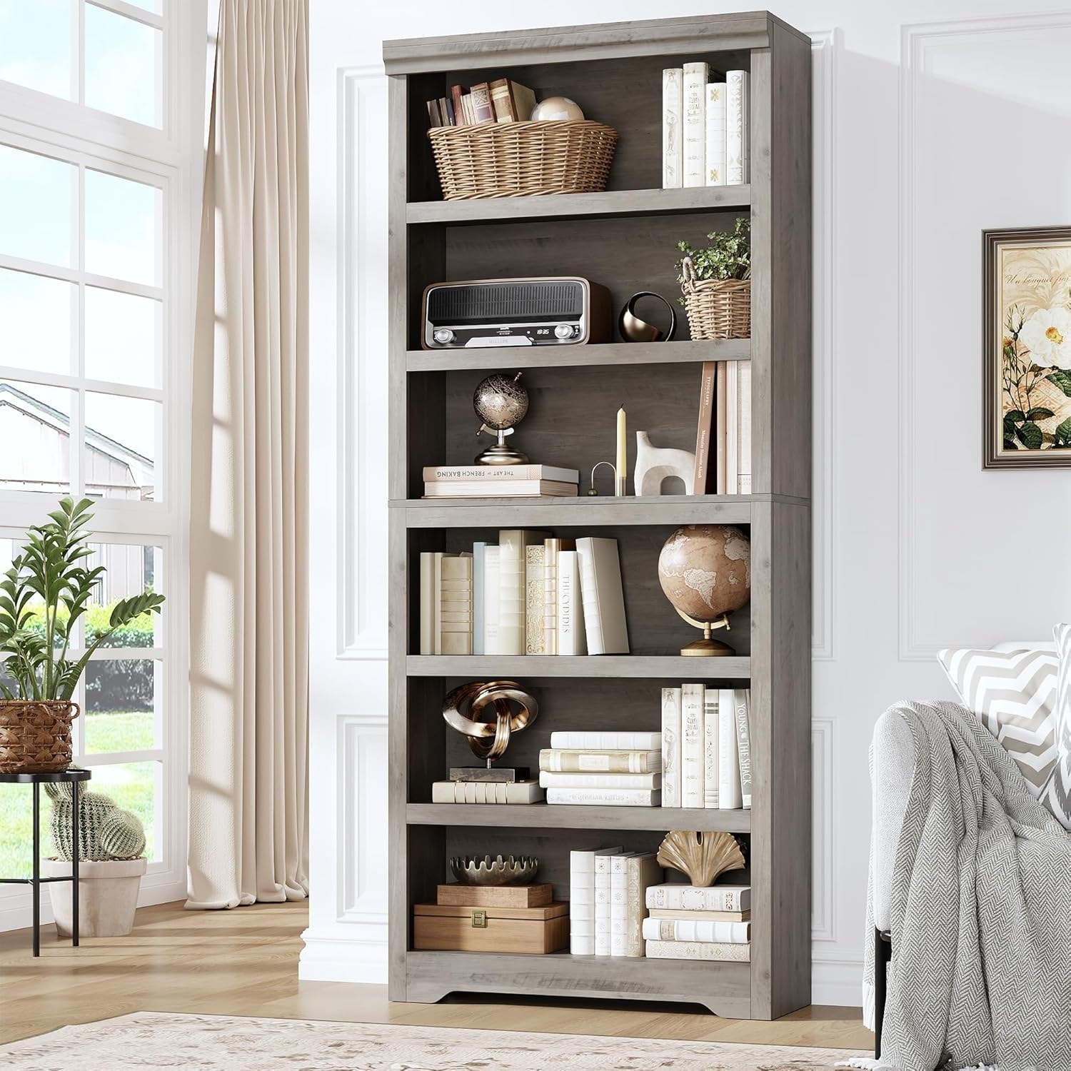 Farmhouse Bookcase with Adjustable Shelves, Floor Standing Open Display Storage Rack, Anti-Slip Design