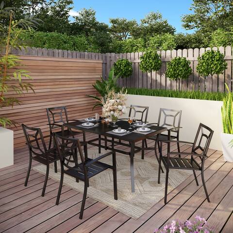 Patio Dining Set 7 Piece Metal Rectangle Patio Table with 2.6" Umbrella Hole and 6 Metal Dining Chairs, Black
