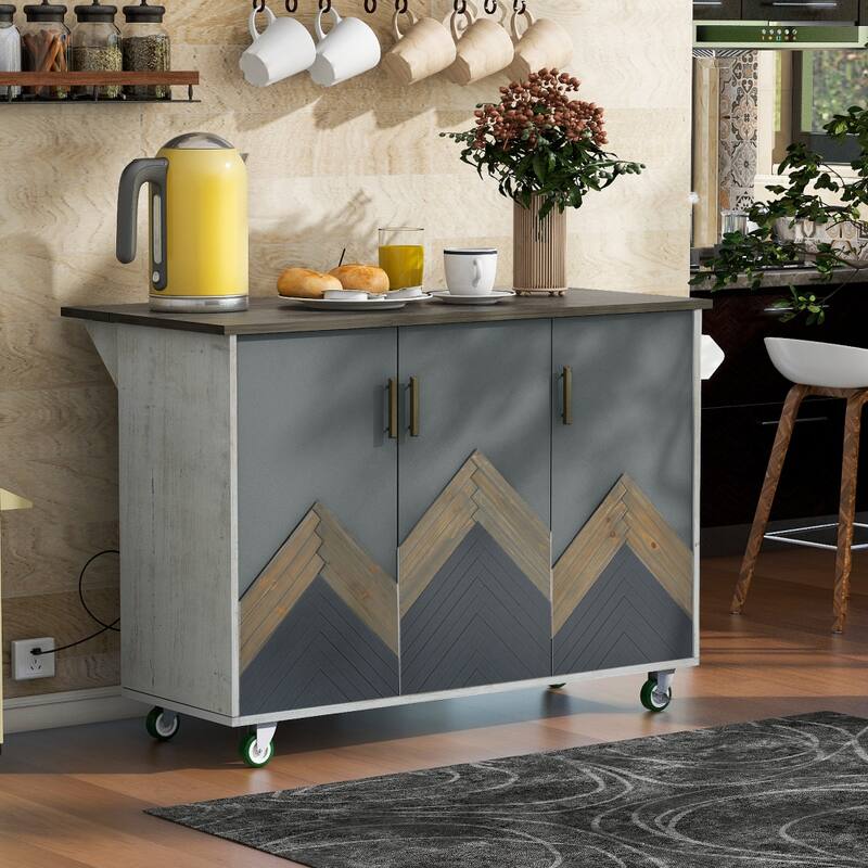 51 in. W Kitchen Island Retro Drop-Leaf Desktop on 4 Wheels with Internal Storage Rack and Towel Rack