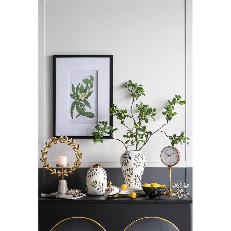 9" White Green And Gold Leaf Round Ceramic Table Vase - 6.70