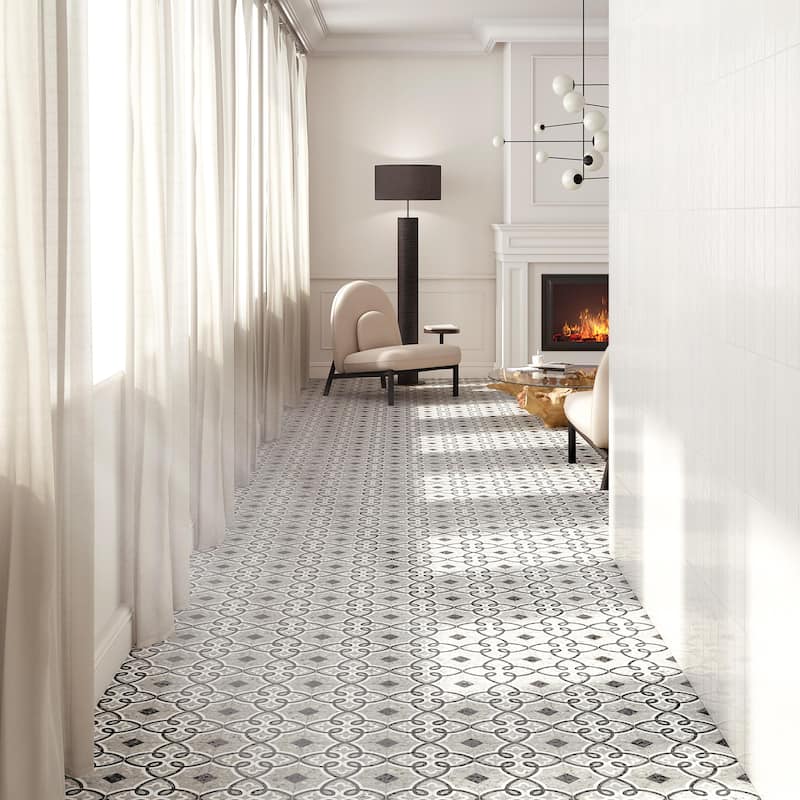 Merola Tile Riviera Octagon Garde Gris with Taco Nero 7-7/8" x 7-7/8" Porcelain Floor and Wall Tile