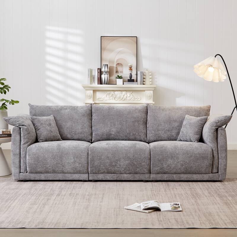 98.5" Fabric Modern Minimalist 3-Seater Sofa with 2 Pillows - Grey