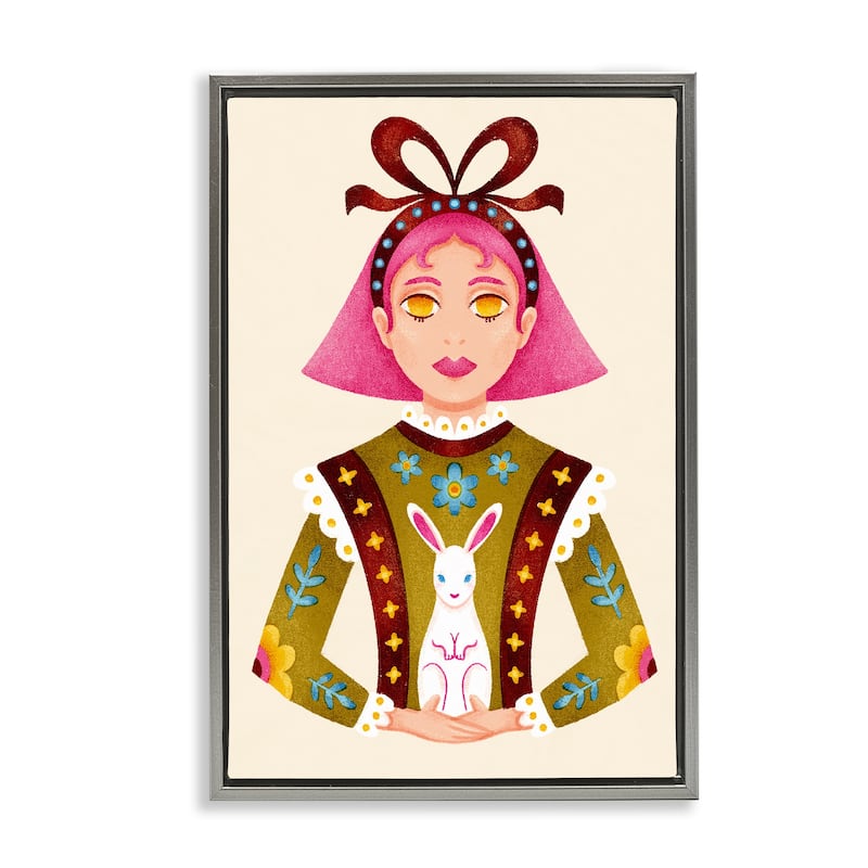 Stupell Pink Haired Girl & Bunny Framed Floater Canvas Wall Art Design By Hannah Moren - 17 x 25 - Grey
