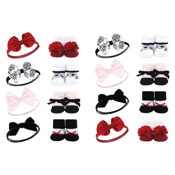 slide 1 of 1, Hudson Baby Infant Girl 16Pc Headband and Socks Giftset, Black Toile, One Size - Black Toile Black Toile - One Size