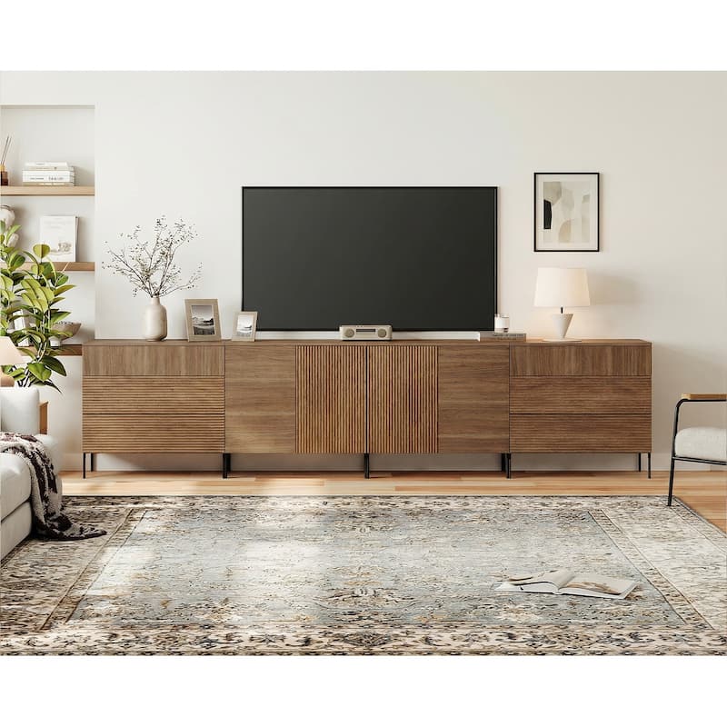 Modern Reeded Dresser TV Stand For Tvs Up To 120 Inch, Entertainment Center With Drawers - Walnut