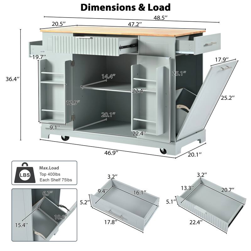 48.50'' Fluted Kitchen Island with Power Outlet, Rolling Wheels, 3 Drawer, 3 Open Side Racks and 10 Gallon Garbage Bin
