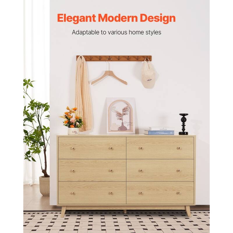 Light Wood Particleboard MDF Rubberwood Dresser 6 Drawers Modern Metal Handles