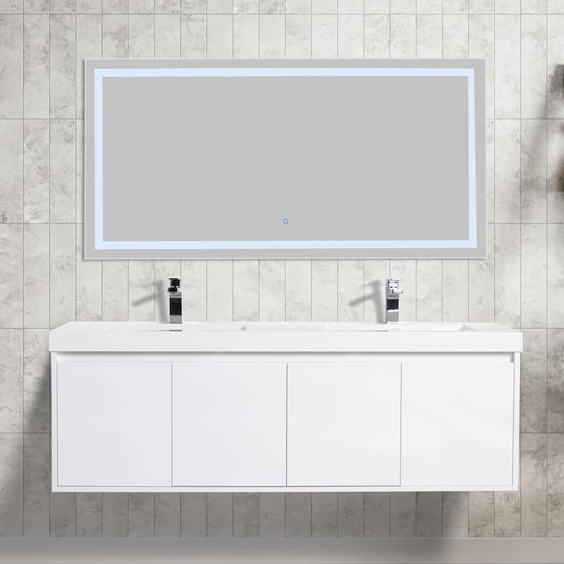 Blossom 60" Wall Mount Vanity with Double Acrylic Sink, Modern Design - Glossy White
