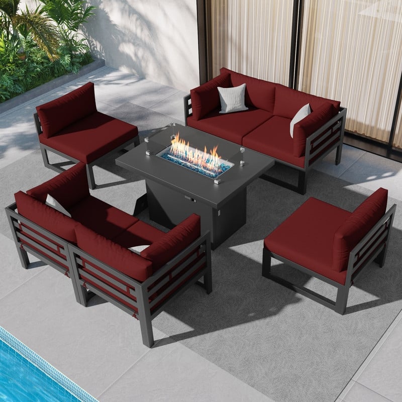 FINCATI 7 Pcs Patio Furniture Set Outdoor Sectional Sofa Set with Firepit Table - 7 Pieces - Burgundy