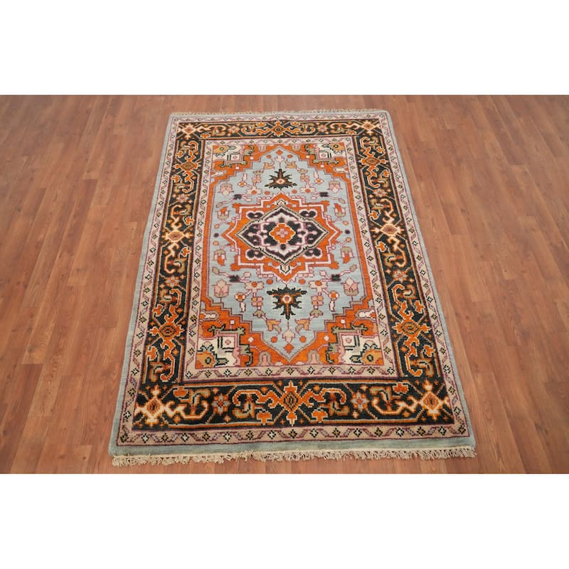 Hand Knotted Oriental 100% Wool Carpet Traditional Medallion Navy Blue & Blues Heriz (serapi) Area Rug - 5' 10'' X 4' 0''